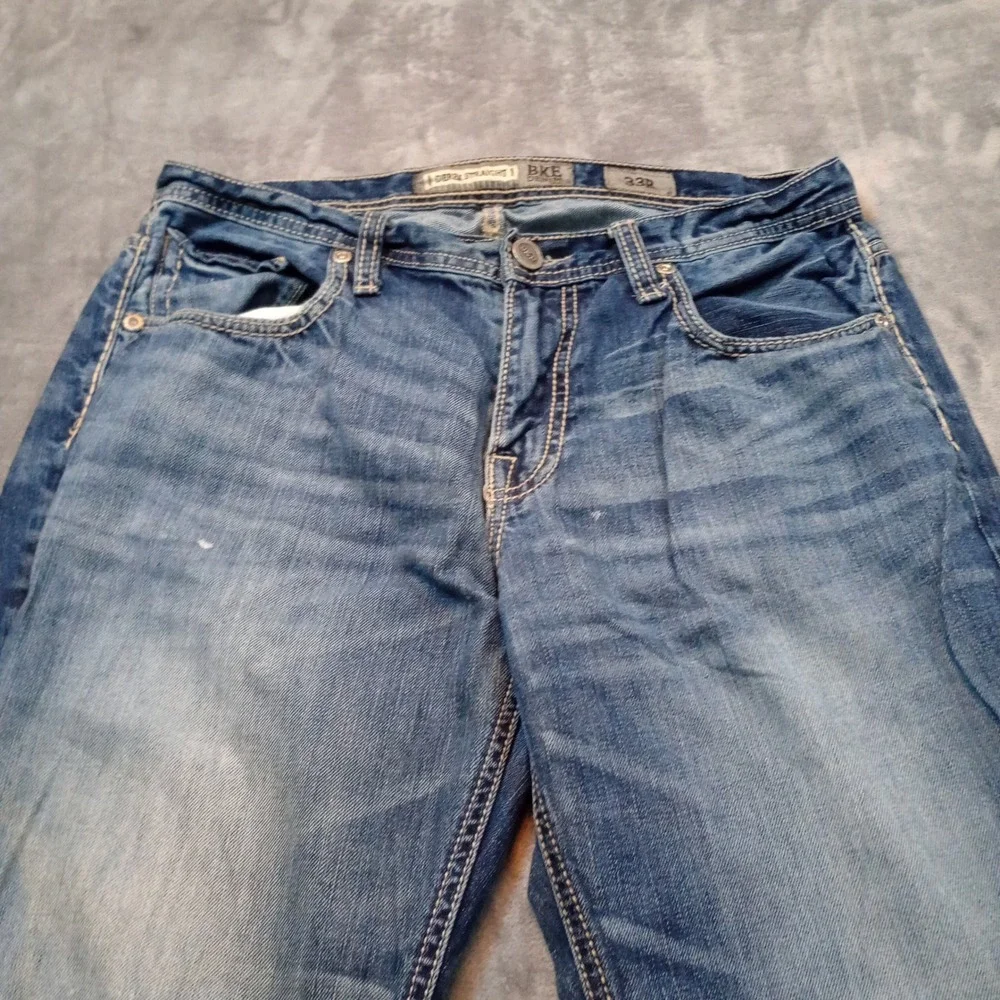 BKE Derek Straight Jeans Mens 33R Blue Distressed Thrashed‎ Grunge Y2K Destroyed